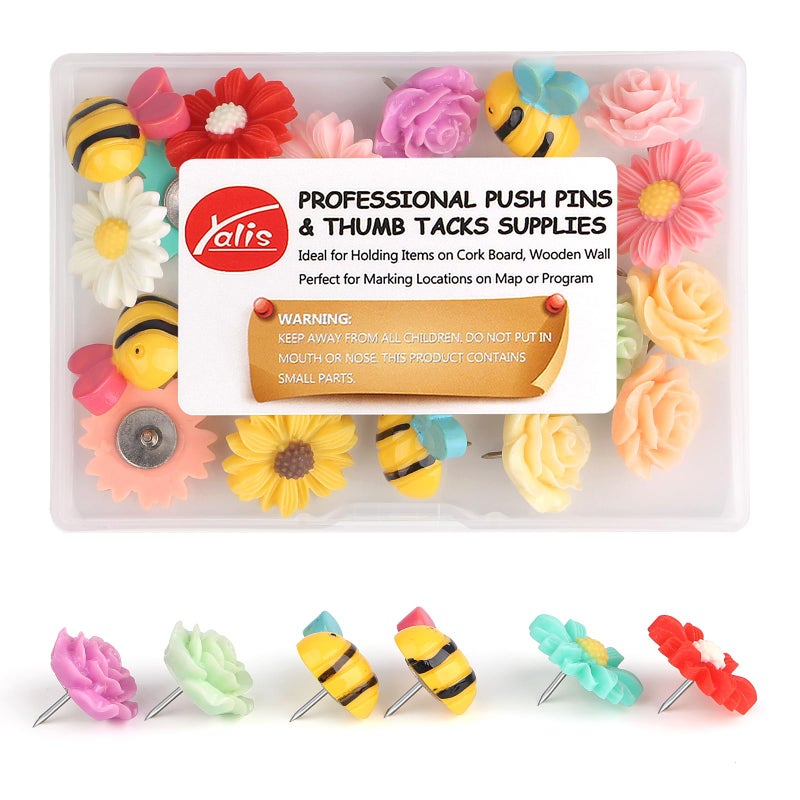 Yalis 24 Pcs Decorative Thumbtacks Colorful Floret and Bees Pushpins for Feature Wall, Whiteboard, Corkboard, Photo Wall - Image 1